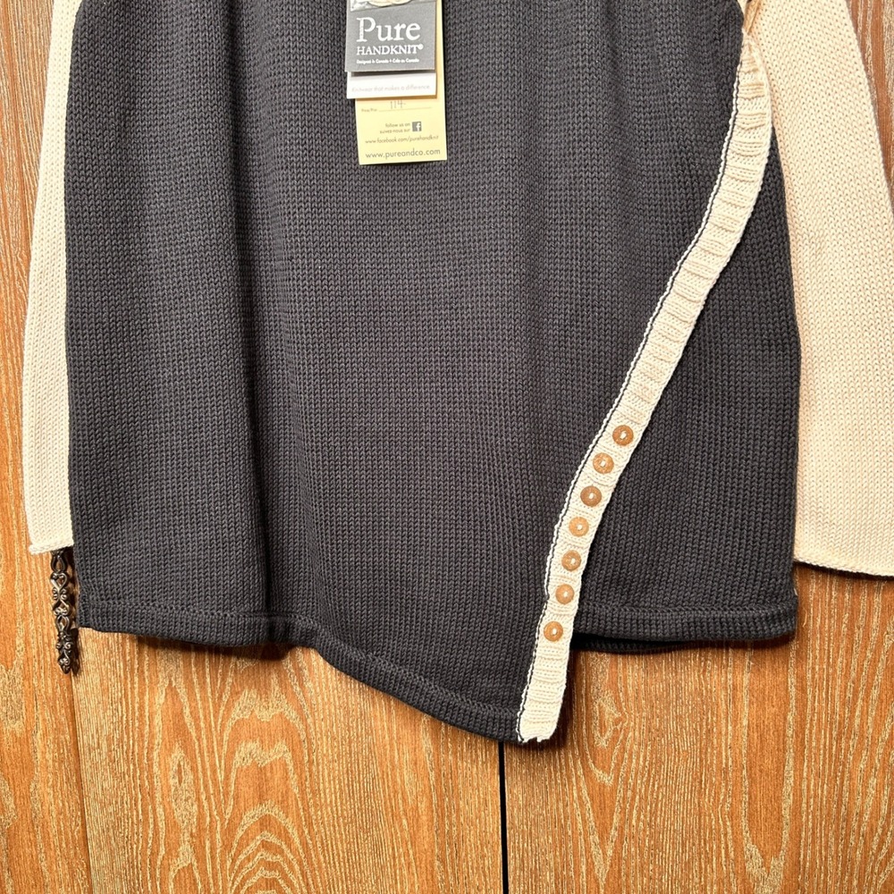 Pure Handknit Black Cream Cotton Colorblock Button Sweater L/XL NWT 4506-07 - Picture 3 of 9